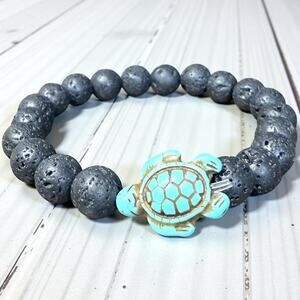 Lava Stone and Turquoise Turtle Stretch Bracelet